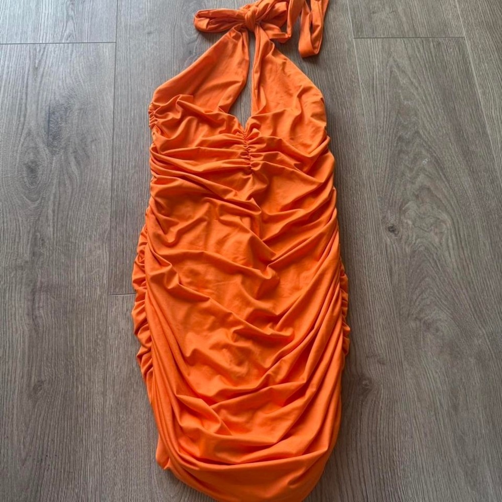 Neon Orange Ruched Halter Bodycon Mini Dress Y2K Party‎ Club Dress Medium